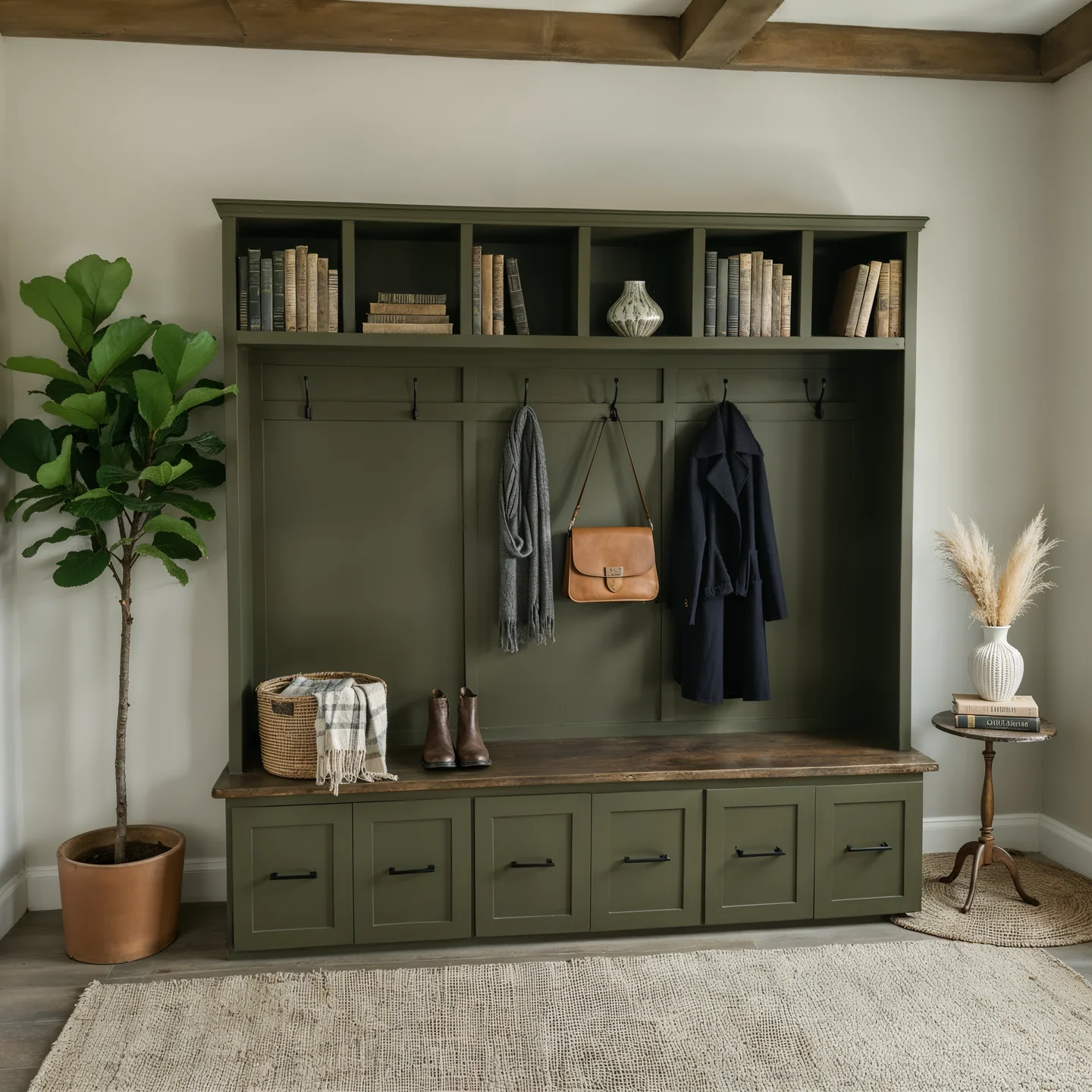 Olive green entryway built-in with coat hooks and storage drawers