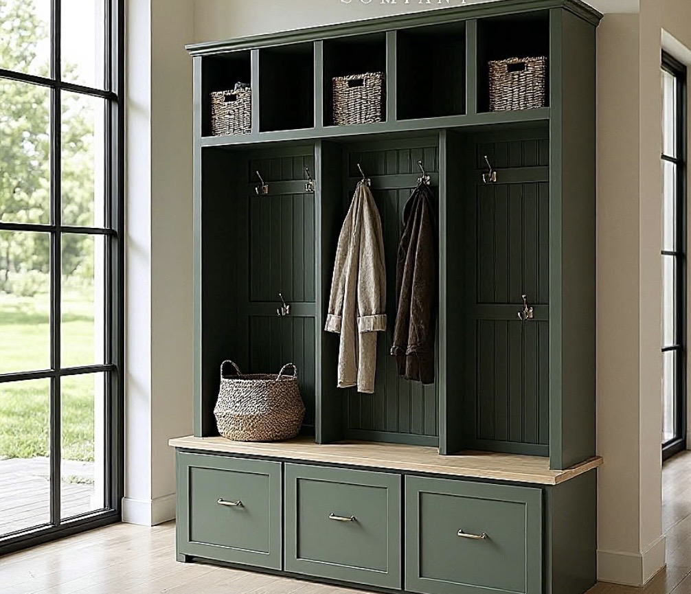 Green entryway lockers with basket cubbies and wood bench top