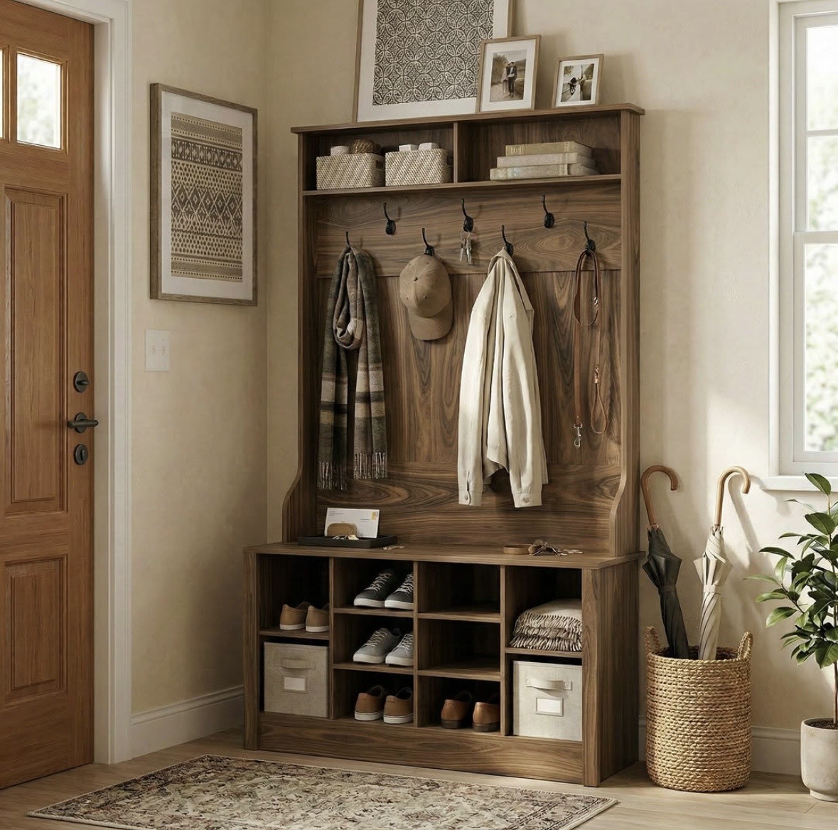 Walnut entryway hall tree with coat hooks, upper shelves and shoe cubby bench