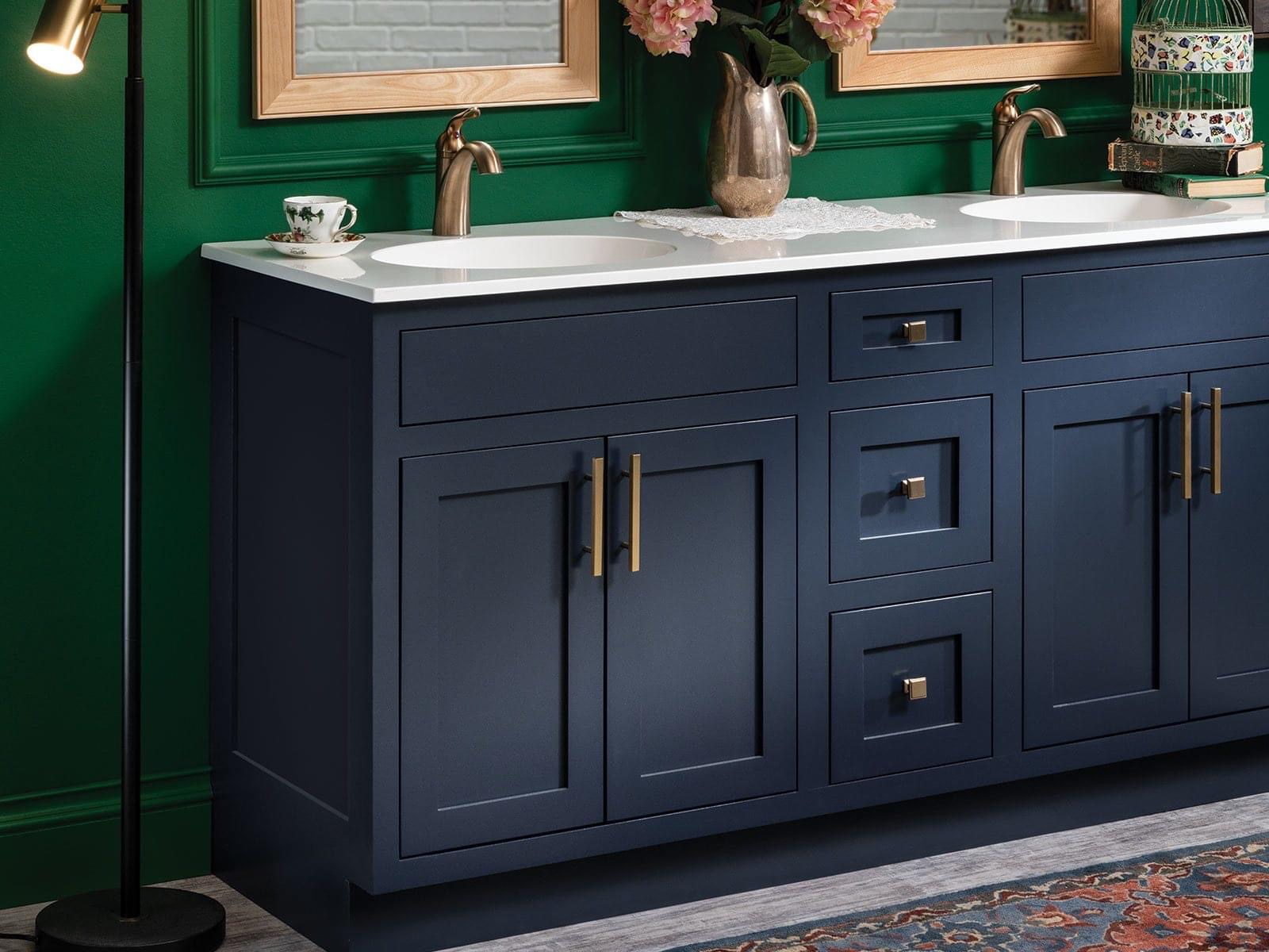 Navy shaker double vanity with brass hardware